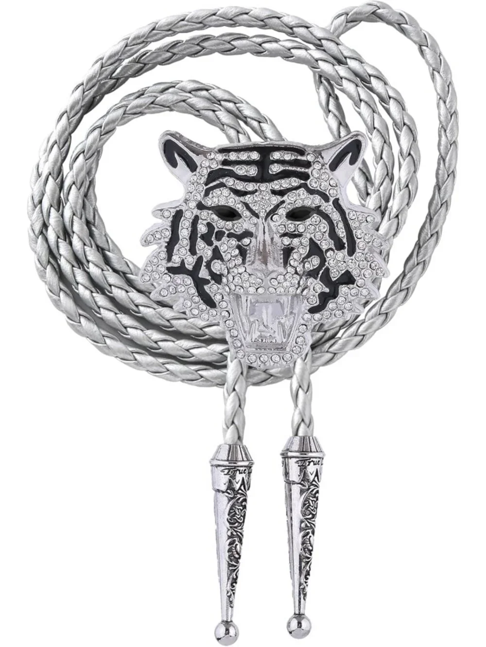 Stylish Western Bolo Tie with Tiger Head Rhinestones | Brown Leather Cord